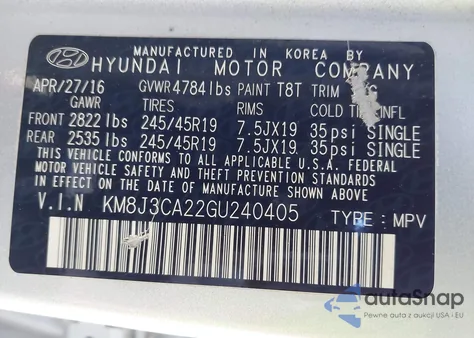 2016 Hyundai Tucson Sport z USA, uszkodzony, nr VIN KM8J3CA22GU240405